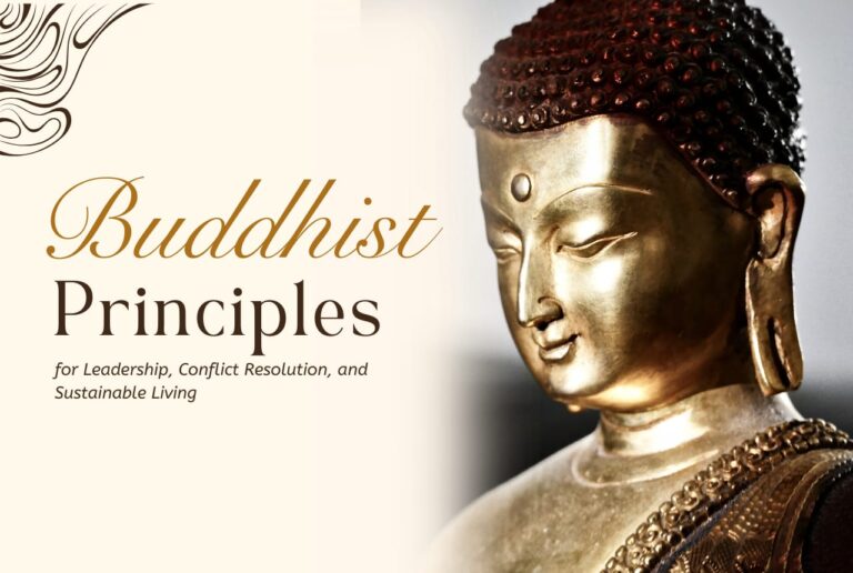 Close-up of a golden Buddha statue with a serene expression, representing Buddhist principles for leadership, compassion, and mindful governance
