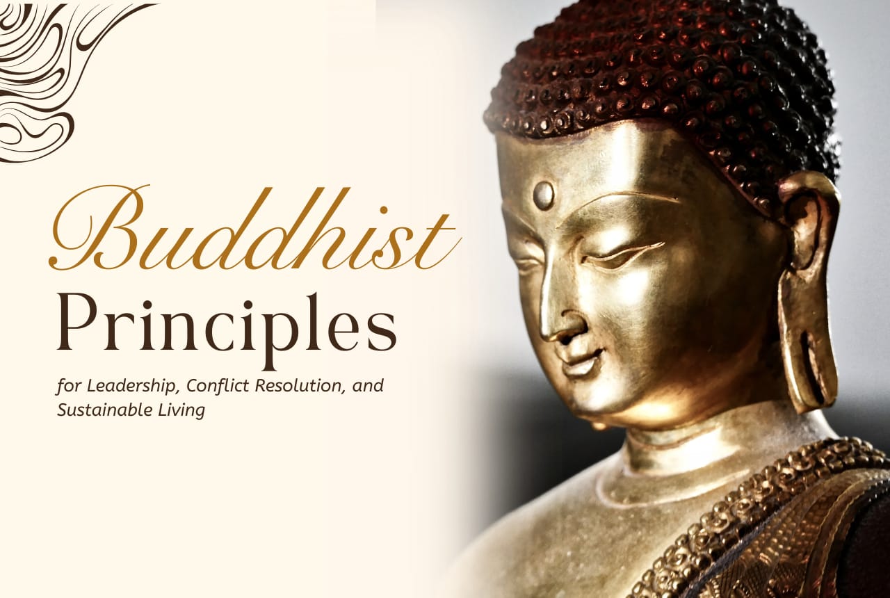 Close-up of a golden Buddha statue with a serene expression, representing Buddhist principles for leadership, compassion, and mindful governance