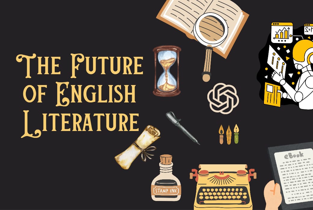 Illustration of writing tools, a scroll, typewriter, and AI icon representing the future of English literature