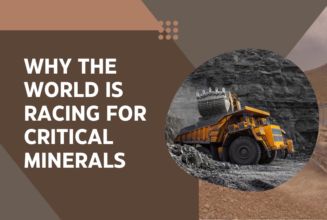 A large yellow mining truck at an open-pit mine, representing the global race for critical minerals and rare earth resources