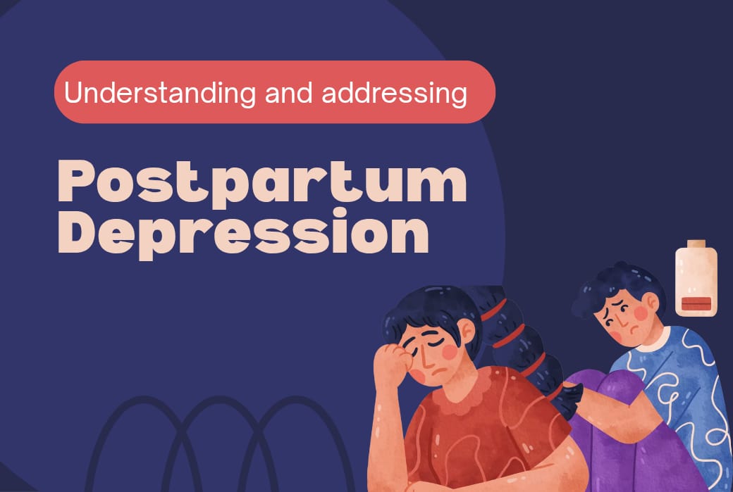 Illustration of two tired new mother holding their heads, representing postpartum depression