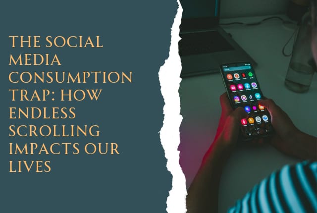 A person scrolling through social media apps on a smartphone in dim lighting, representing the social media consumption trap