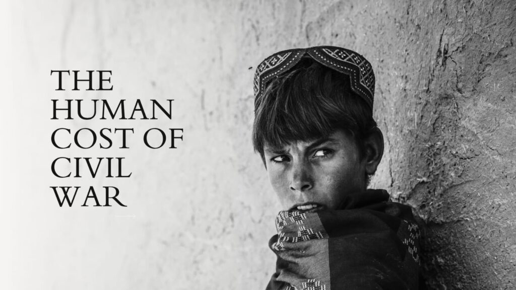 A young boy with a solemn expression leaning against a wall, representing the suffering of children caught in civil war
