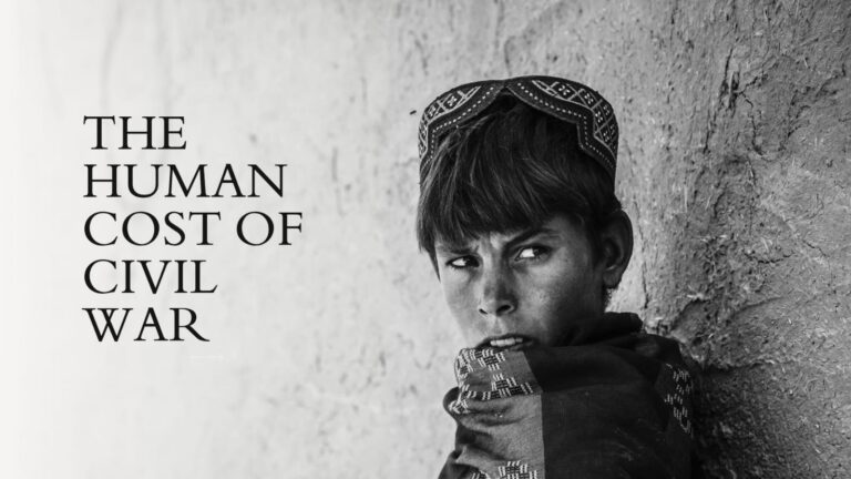 A young boy with a solemn expression leaning against a wall, representing the suffering of children caught in civil war