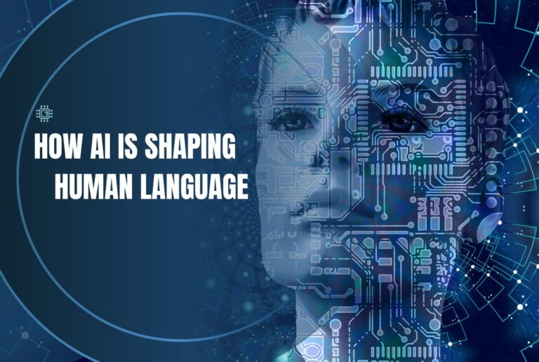 Digital composite of a human face merging with circuit patterns, representing how AI is shaping human language