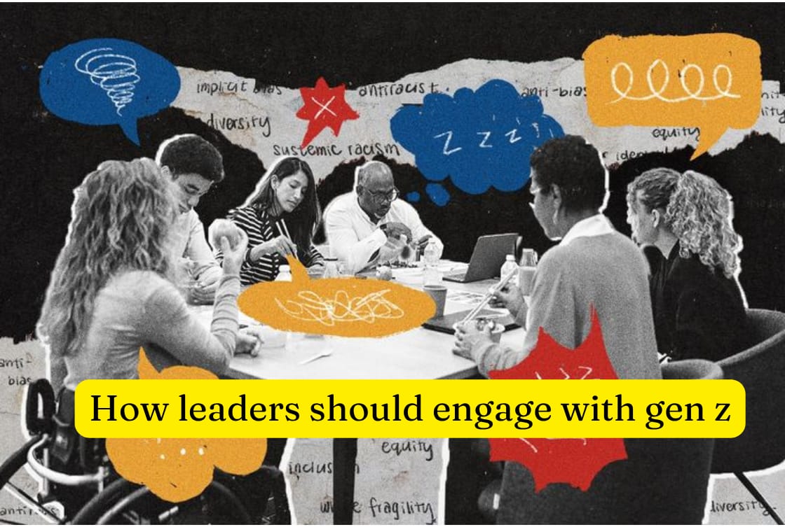 Black and white photo of a diverse team meeting with colourful speech bubble collage, illustrating how leaders should engage with Gen Z
