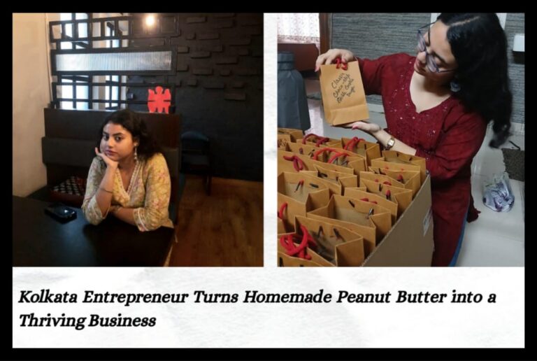 Udeeta Dey seated thoughtfully and packing peanut butter jars for her Kolkata business NuttyNibbles