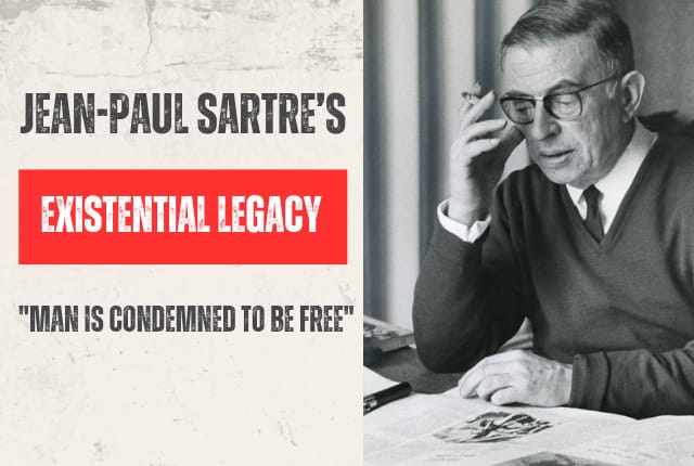 Black-and-white portrait of Jean-Paul Sartre seated at a desk in deep thought, representing his existentialist philosophy