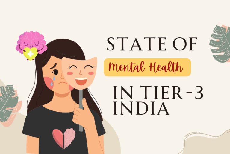 An illustrated girl holding a smiling mask over her sad face, representing the hidden state of mental health in Tier 3 India