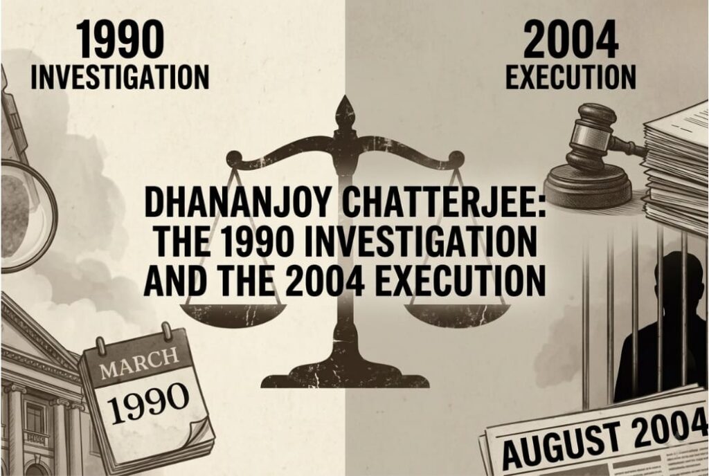 Vintage style illustration of justice scales between 1990 and 2004, representing the Dhananjoy Chatterjee case