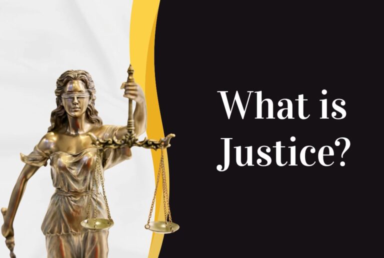 A golden Lady Justice statue holding scales and a sword with a blindfold, representing the philosophical question of what is justice