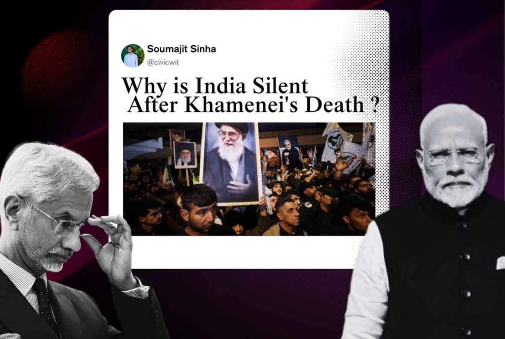 Composite image of S Jaishankar and Narendra Modi in black and white alongside a tweet asking why India is silent after Khamenei's death