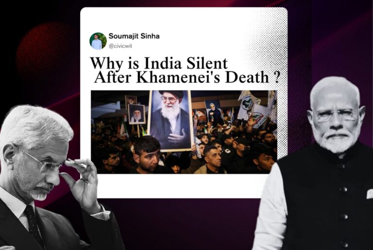 Composite image of S Jaishankar and Narendra Modi in black and white alongside a tweet asking why India is silent after Khamenei's death