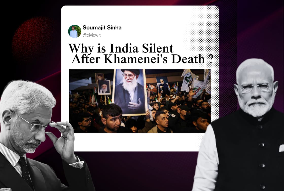 Composite image of S Jaishankar and Narendra Modi in black and white alongside a tweet asking why India is silent after Khamenei's death