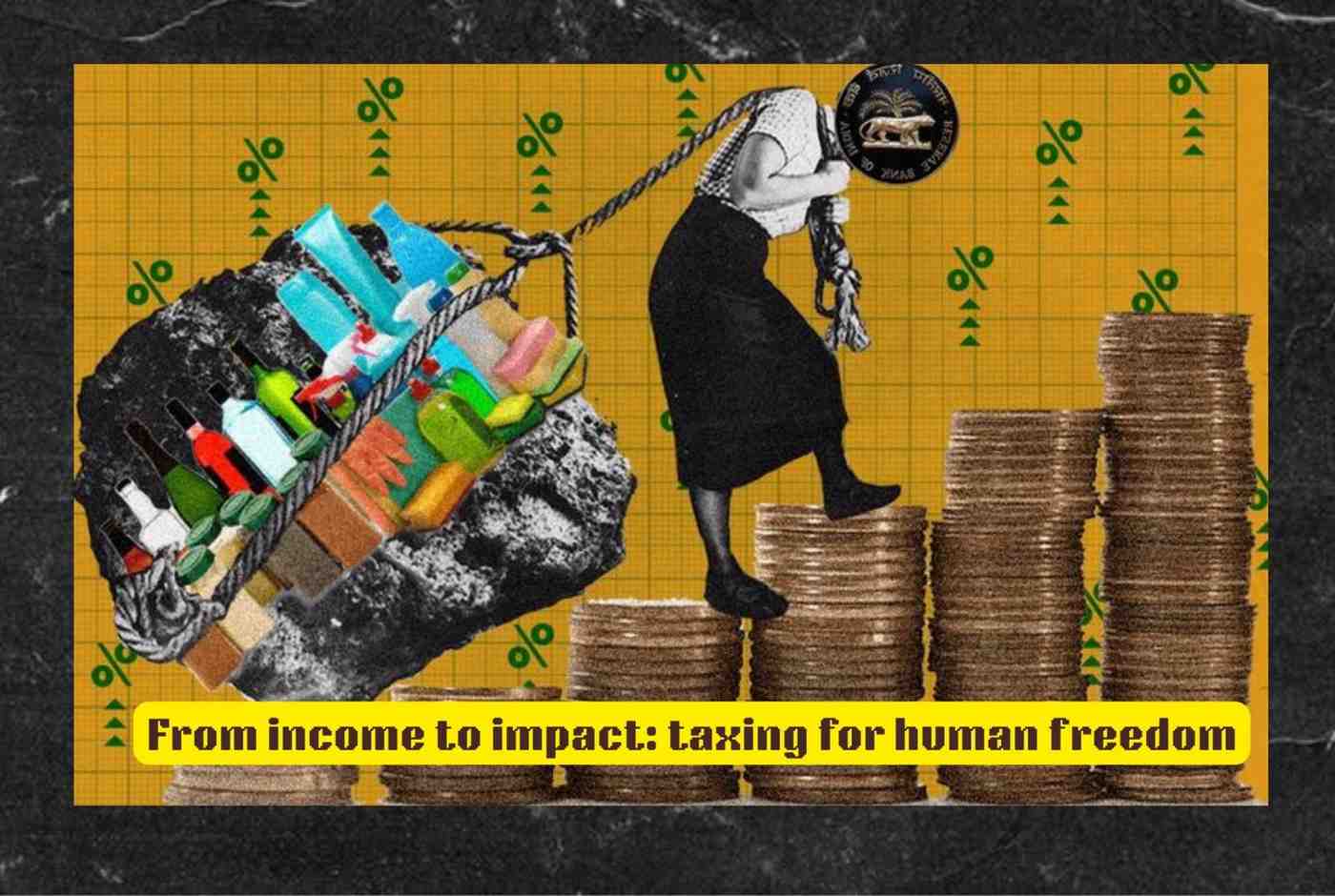 Taxation as Human Freedom: A symbolic collage illustrating how India’s direct tax system can be reimagined to enhance human capabilities, education, and healthcare.