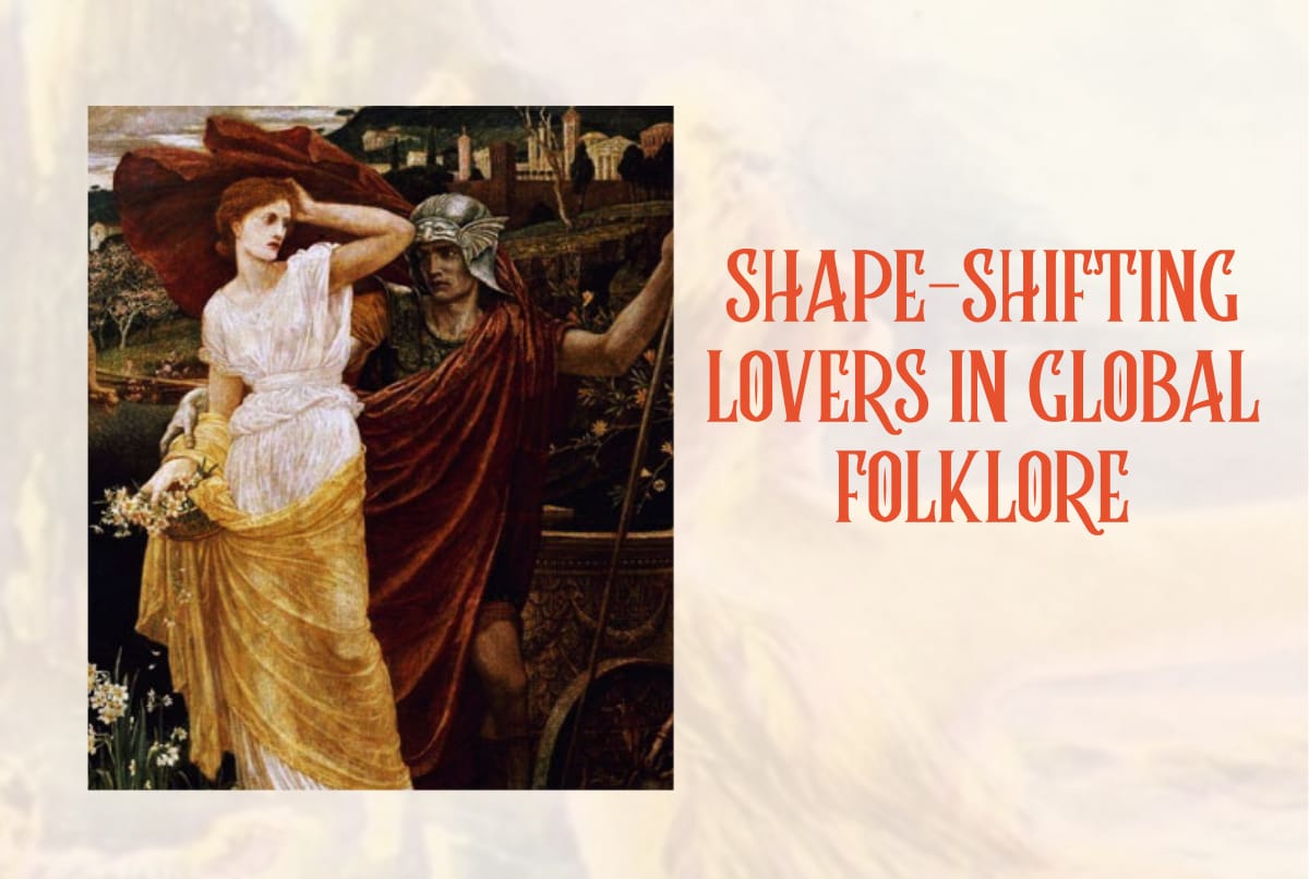 Classical painting of Hades in a winged helmet abducting Persephone, depicting shape-shifting lovers in global folklore