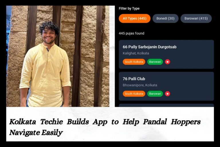 Suporno Sarkar smiling in yellow kurta beside Durga Puja Parikrama app screen listing Kolkata pandals