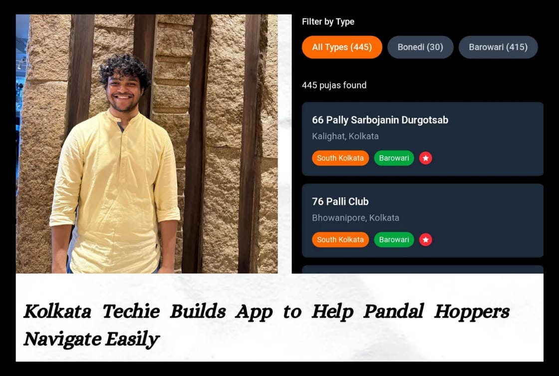 Suporno Sarkar smiling in yellow kurta beside Durga Puja Parikrama app screen listing Kolkata pandals