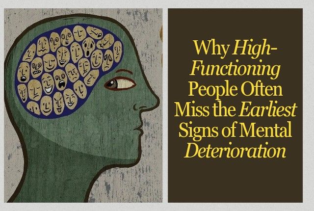 Illustrated side profile of a human head with a brain filled with multiple small faces showing conflicting emotions, symbolizing the hidden mental strain in high-functioning individuals